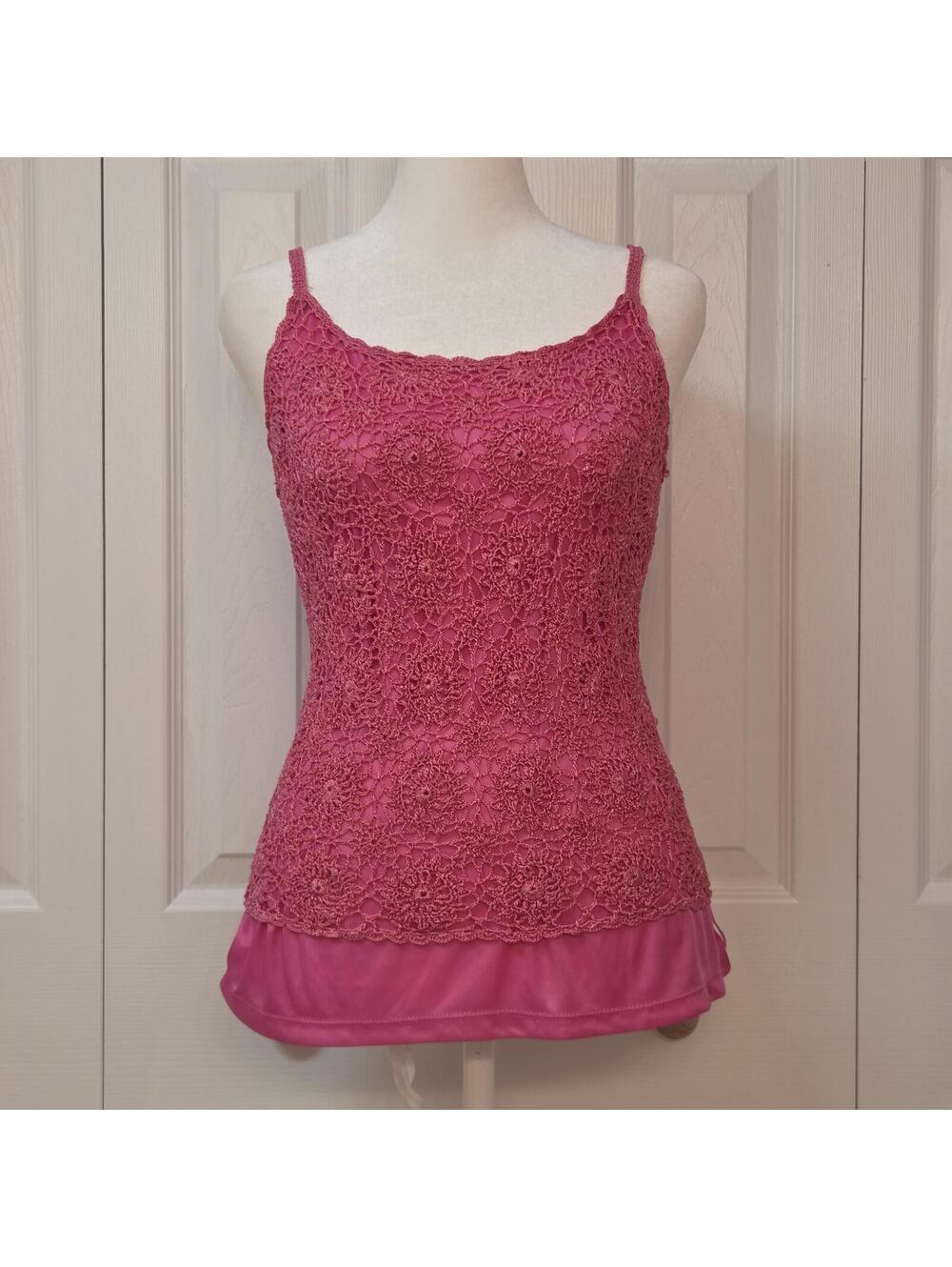 Vintage Y2K Rose Pink Crochet Lace Cami Top Size S 2000s Fairy Floral Tropical